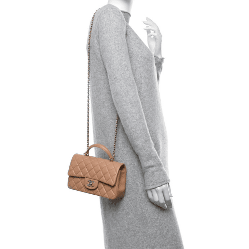 CHANEL Lambskin Quilted Mini Top Handle Rectangular Flap (Biege)