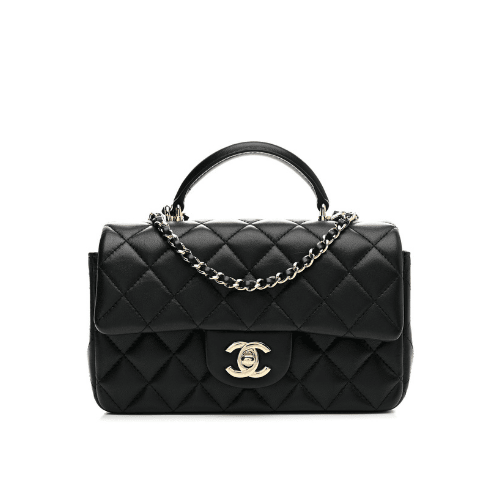 CHANEL Lambskin Quilted Mini Top Handle Rectangular Flap (Black)