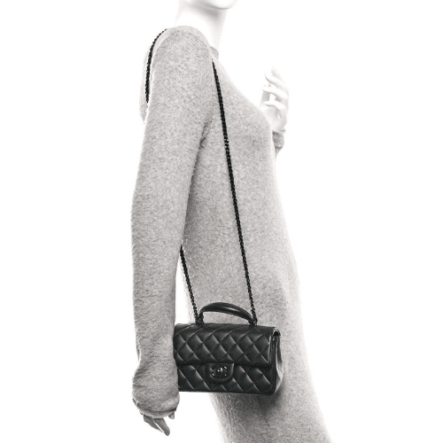 CHANEL Lambskin Quilted Mini Top Handle Rectangular Flap (So Black)