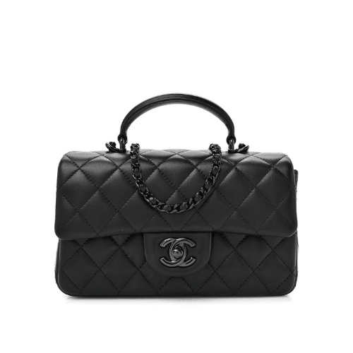 CHANEL Lambskin Quilted Mini Top Handle Rectangular Flap (So Black)