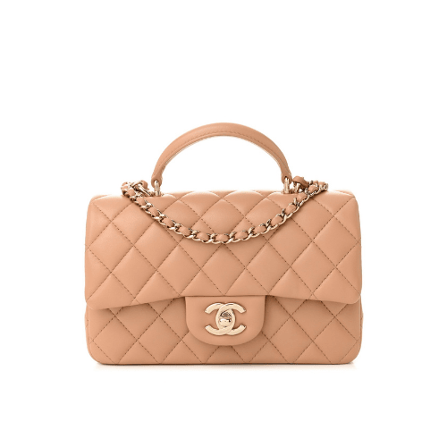 CHANEL Lambskin Quilted Mini Top Handle Rectangular Flap (Biege)