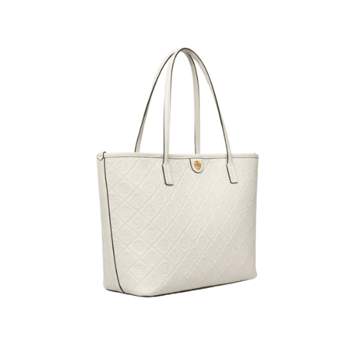 TORY BURCH white jacquard leather trim tote bag White