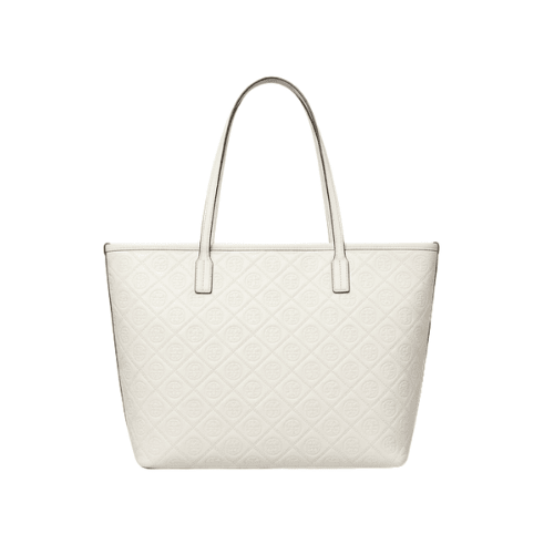 TORY BURCH white jacquard with leather trim tote bag