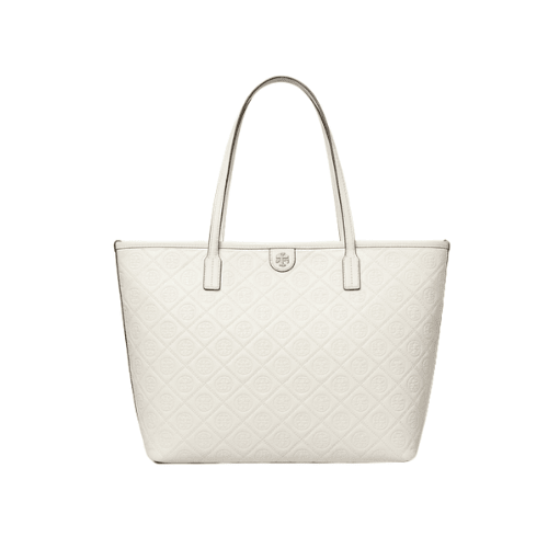 TORY BURCH white jacquard with leather trim tote bag
