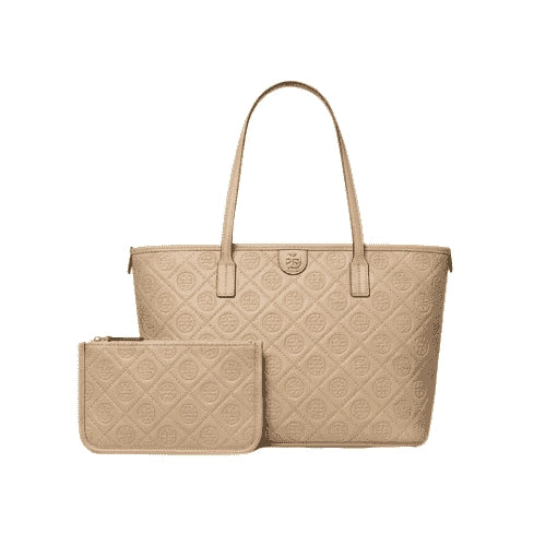 TORY BURCH white jacquard leather trim tote bag Beige