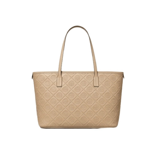 TORY BURCH white jacquard leather trim tote bag Beige