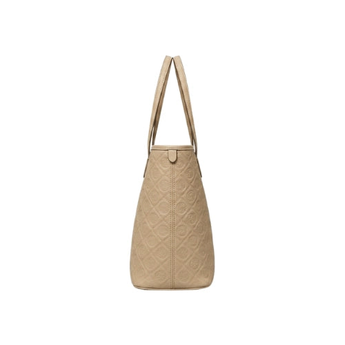 TORY BURCH white jacquard leather trim tote bag Beige